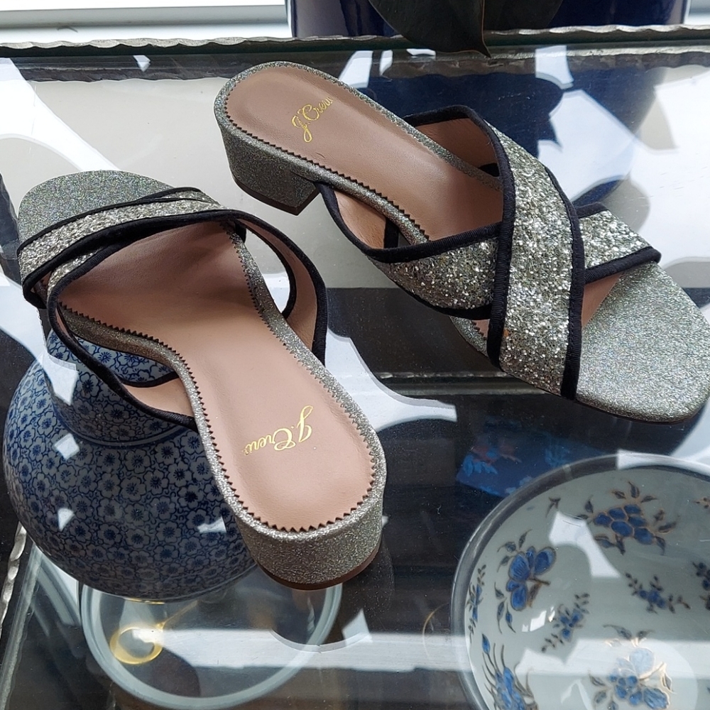 J Crew silver glitter slides